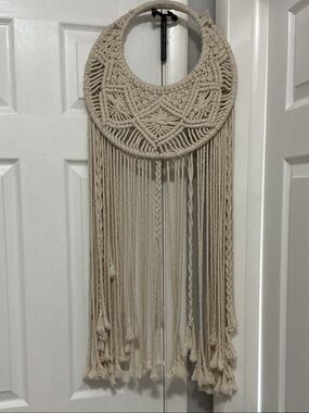 Handmade Cream Macrame Wall Hanging - Boho Round Fringe Décor.
